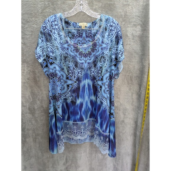 Bohemian Blouse Womens Large Cool Blue Artsy Hippie Y2K Fairycore - Picture 1 of 8